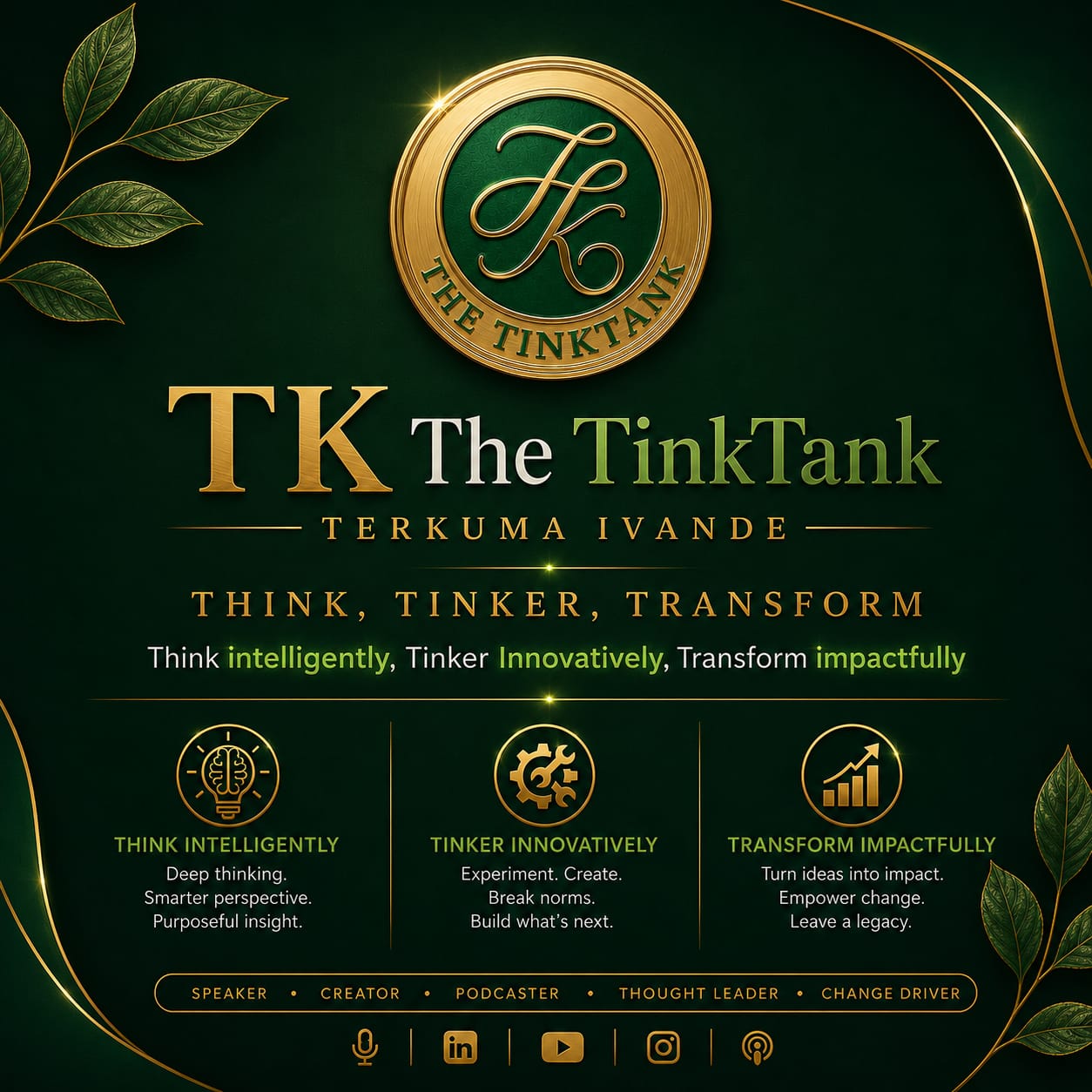 TK the TinkTank brand identity: Think, Tinker, Transform